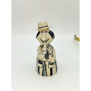 Vtg Croatian Ceramic Bell Man Waving -Black White 4.25” 2.75”